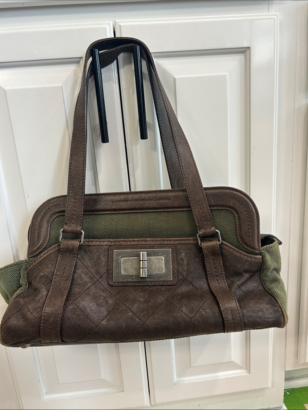 CHANEL Brown Quilted Leather & Green Canvas Flap Bag